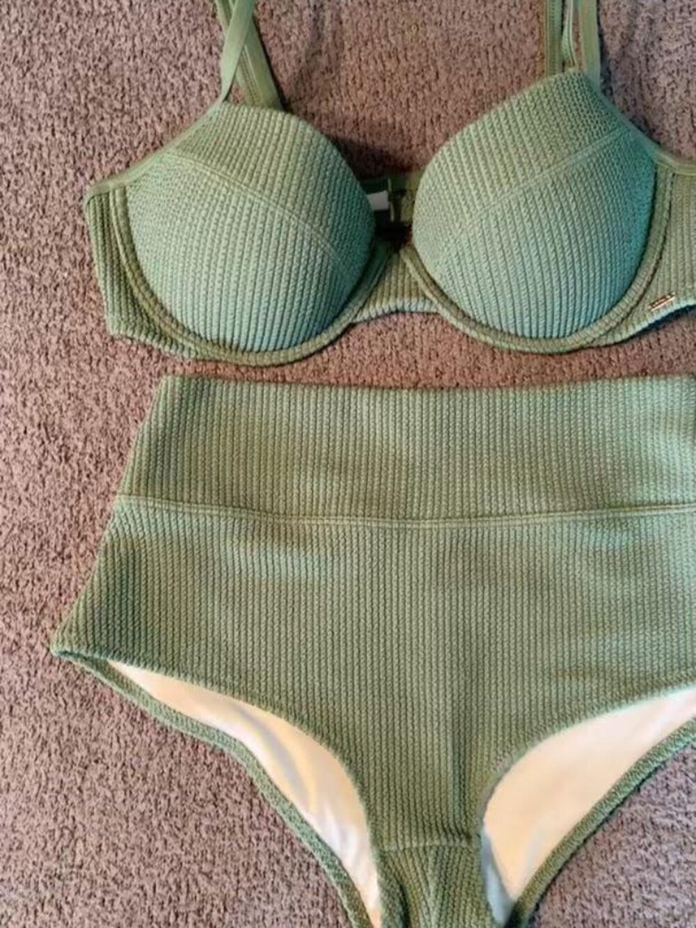 Victoria's Secret PINK Ribbed Underwire Bikini Set High Waist Sage Green L - Picture 6 of 6